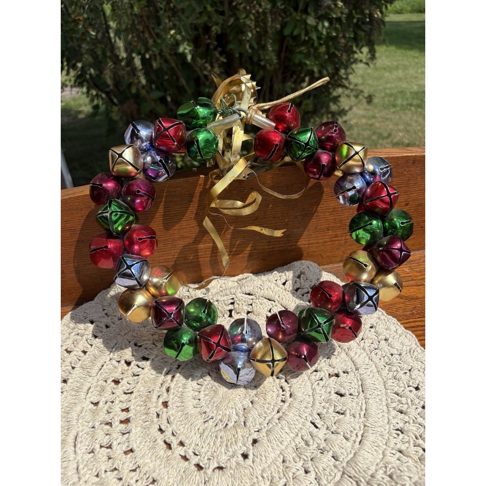 Vintage Metal Jingle Bells Christmas Wreath Metal Ribbon 11" Heavy Multi Colored